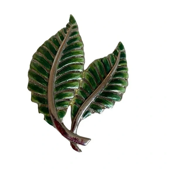 Coro Double Green Leaf Enamel Beautiful Art Deco 1940’s Vtg. Brooch Pin Marked